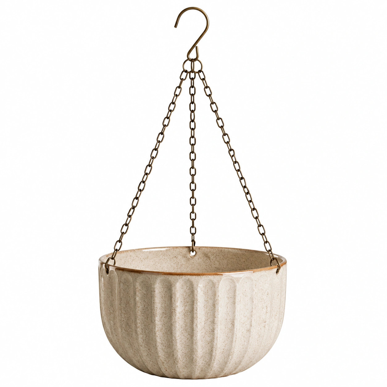 Pot de fleurs suspendu diamètre 24 cm en céramique beige avec chaînes métalliques
