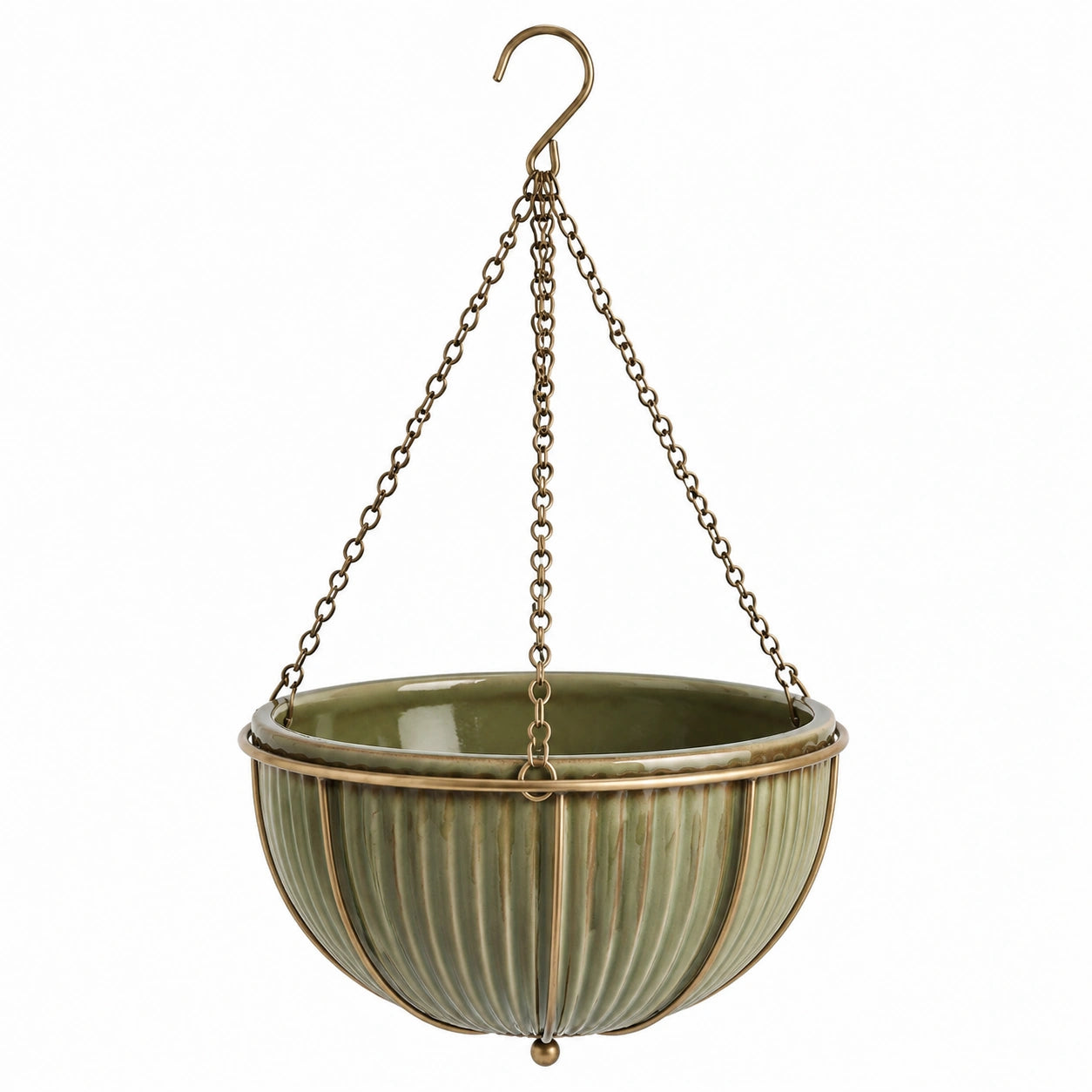 Jardinière suspendue diamètre 30 cm en céramique vert olive avec chaînes en métal pour plantes