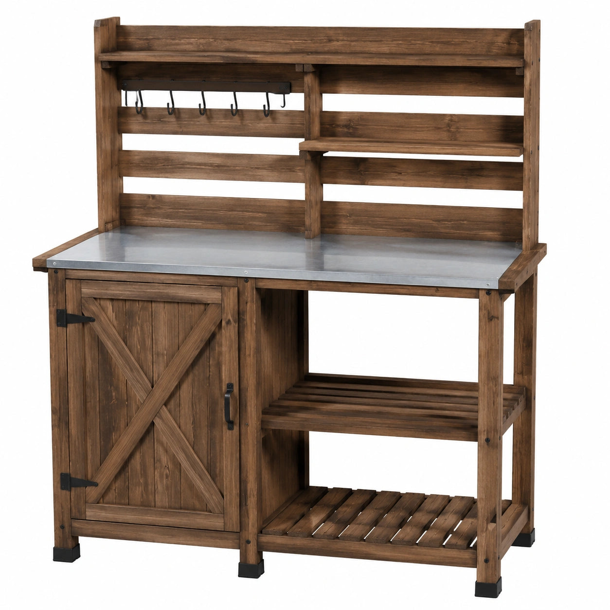 Table de jardinage 117 x 52 x 160 cm en bois brun avec plan de travail galvanisé et rangement