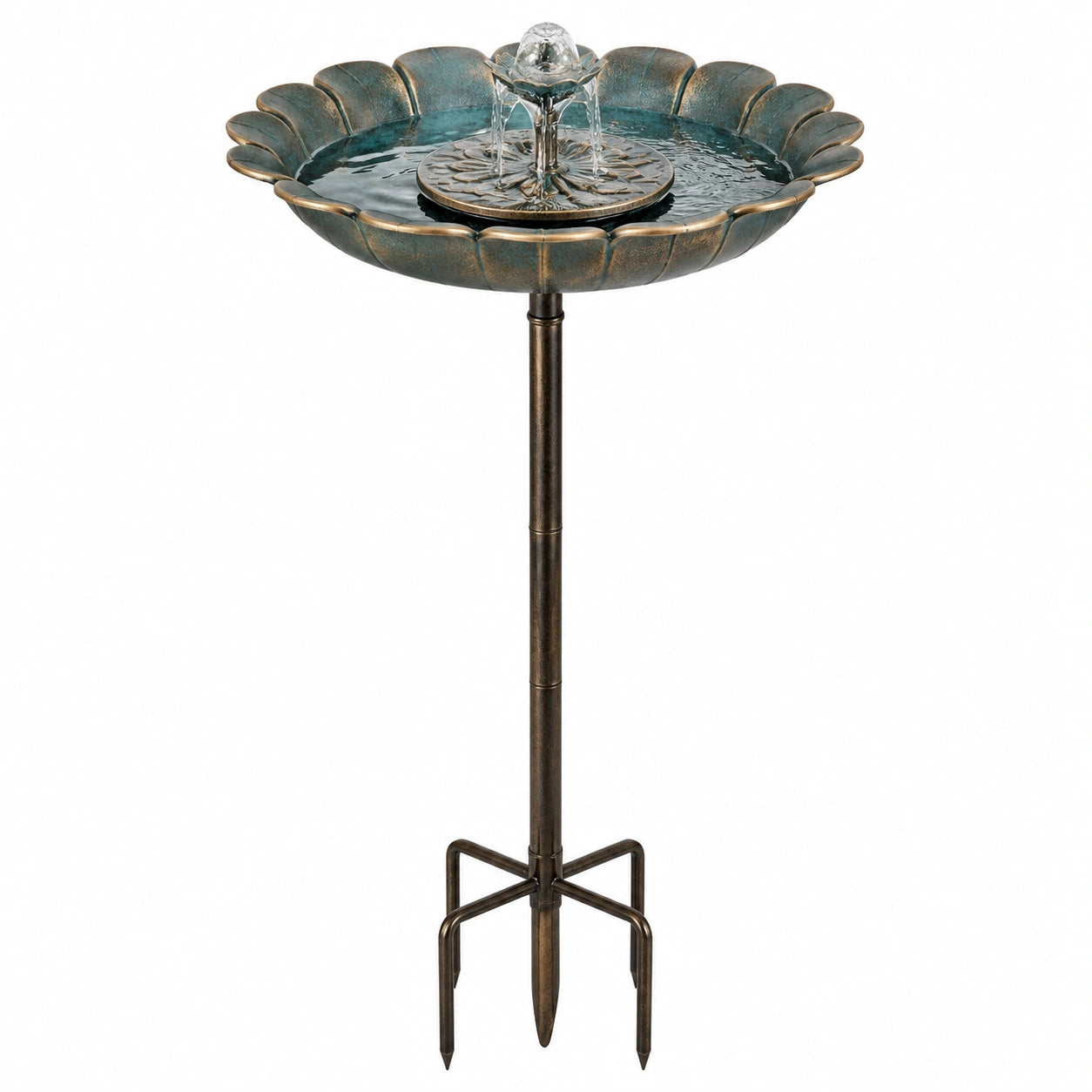 Bain d’oiseaux sur pied diamètre 50 cm en métal vert bronze avec fontaine décorative