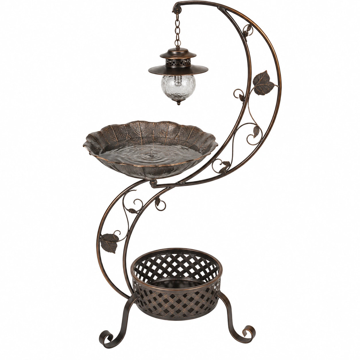 Bain d'oiseaux 115 cm en métal bronze avec lanterne suspendue style jardin
