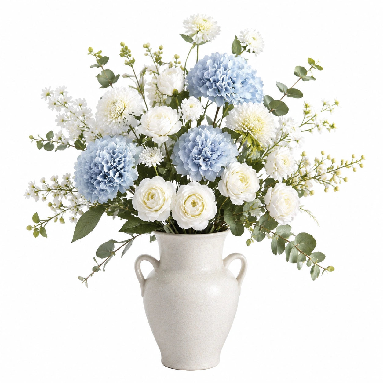 Composition florale artificielle en pot 85 cm textile bleu clair blanc décorative intérieur