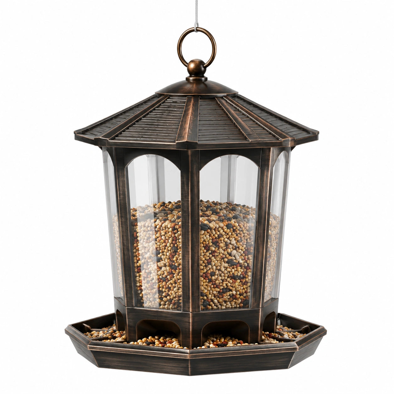 Mangeoire à oiseaux suspendue 25 x 25 x 38 cm en métal brun avec réservoir transparent