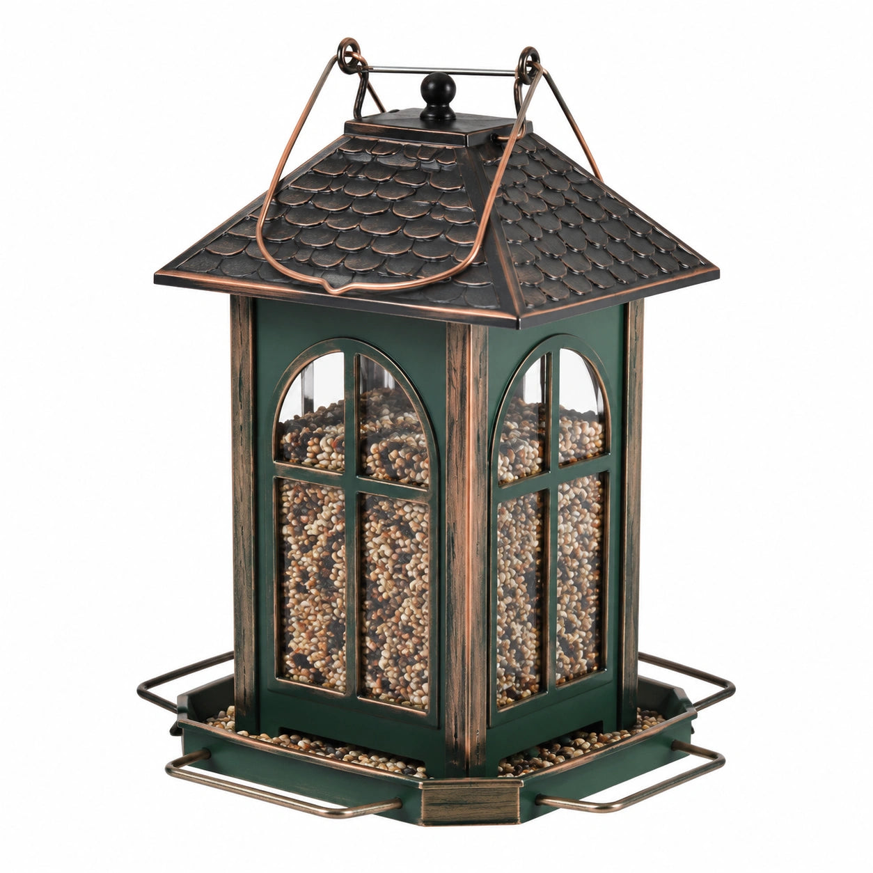 Mangeoire à oiseaux 25 x 25 x 38 cm en métal vert foncé style lanterne à suspendre