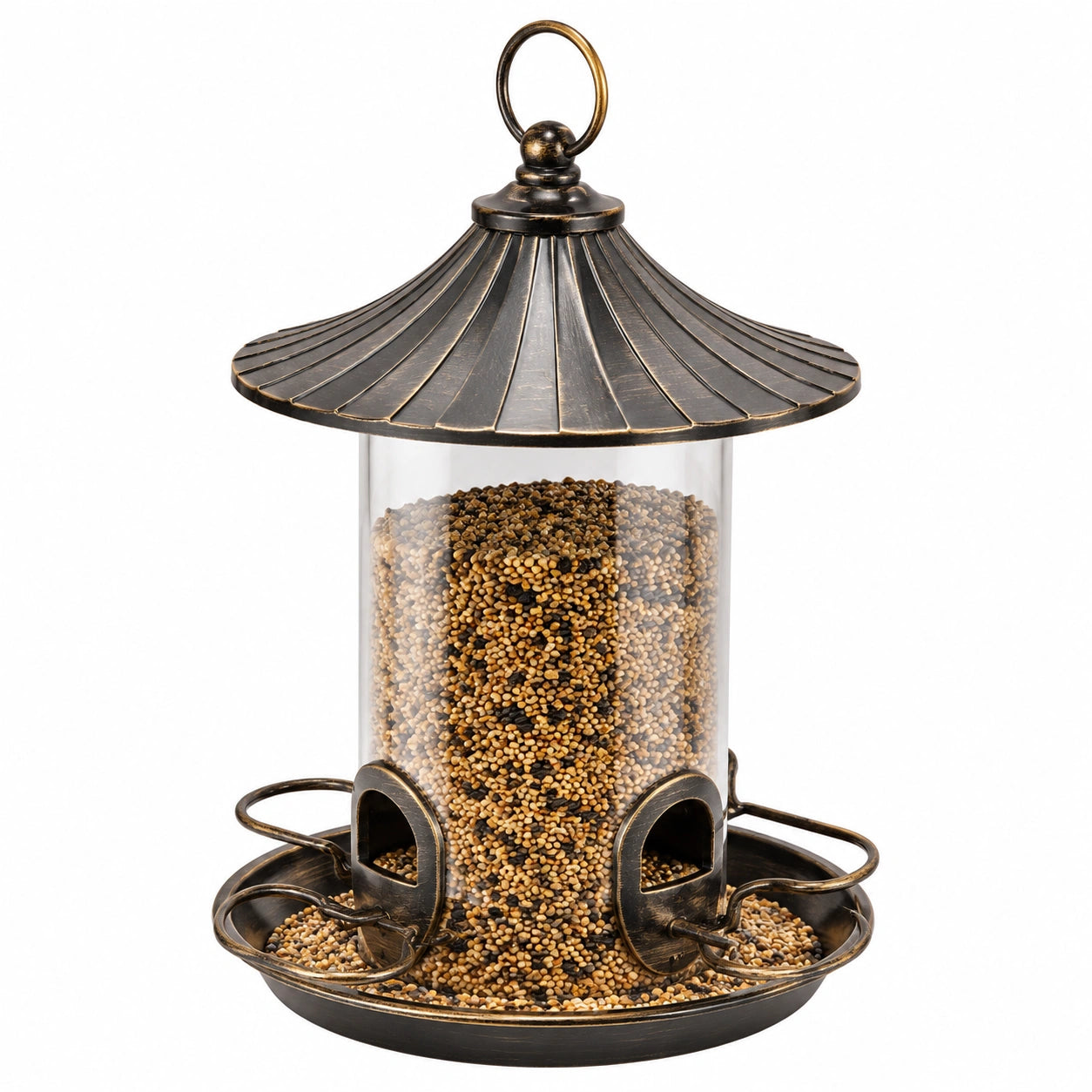 Mangeoire à oiseaux cylindrique Ø 24 cm métal brun transparent suspendue avec plateau
