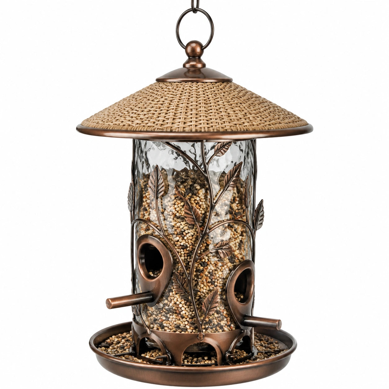 Mangeoire à oiseaux suspendue diamètre 20 cm hauteur 35 cm en verre métal brun style rustique
