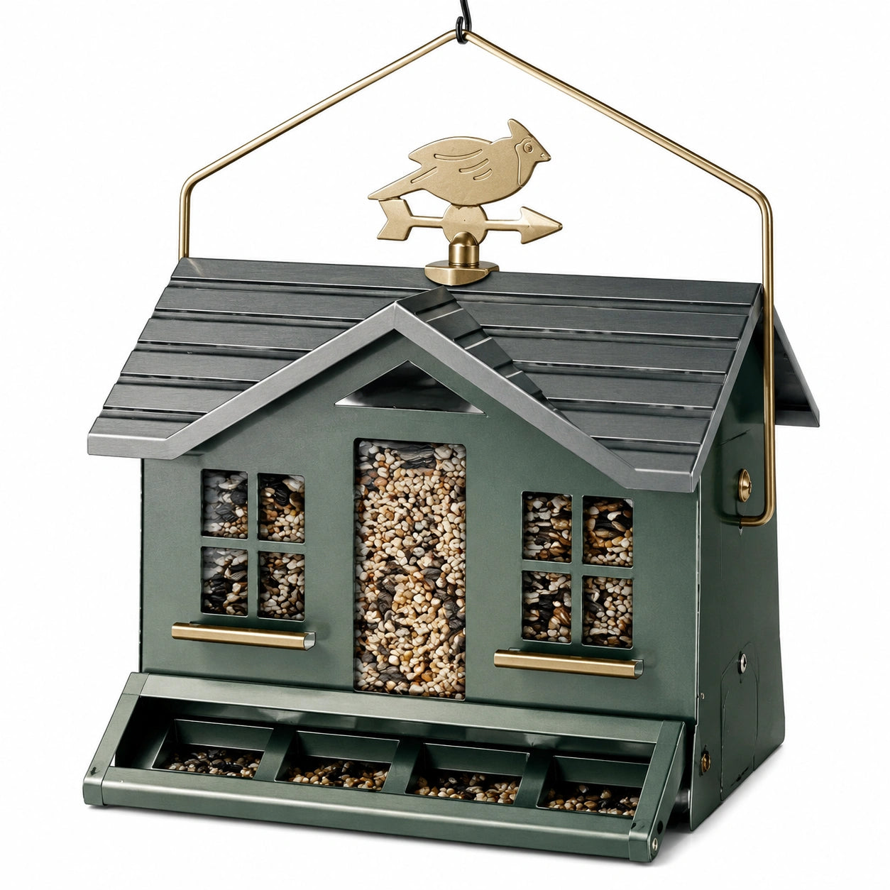 Mangeoire à oiseaux suspendue 48 x 28 x 48 cm en métal vert style maison