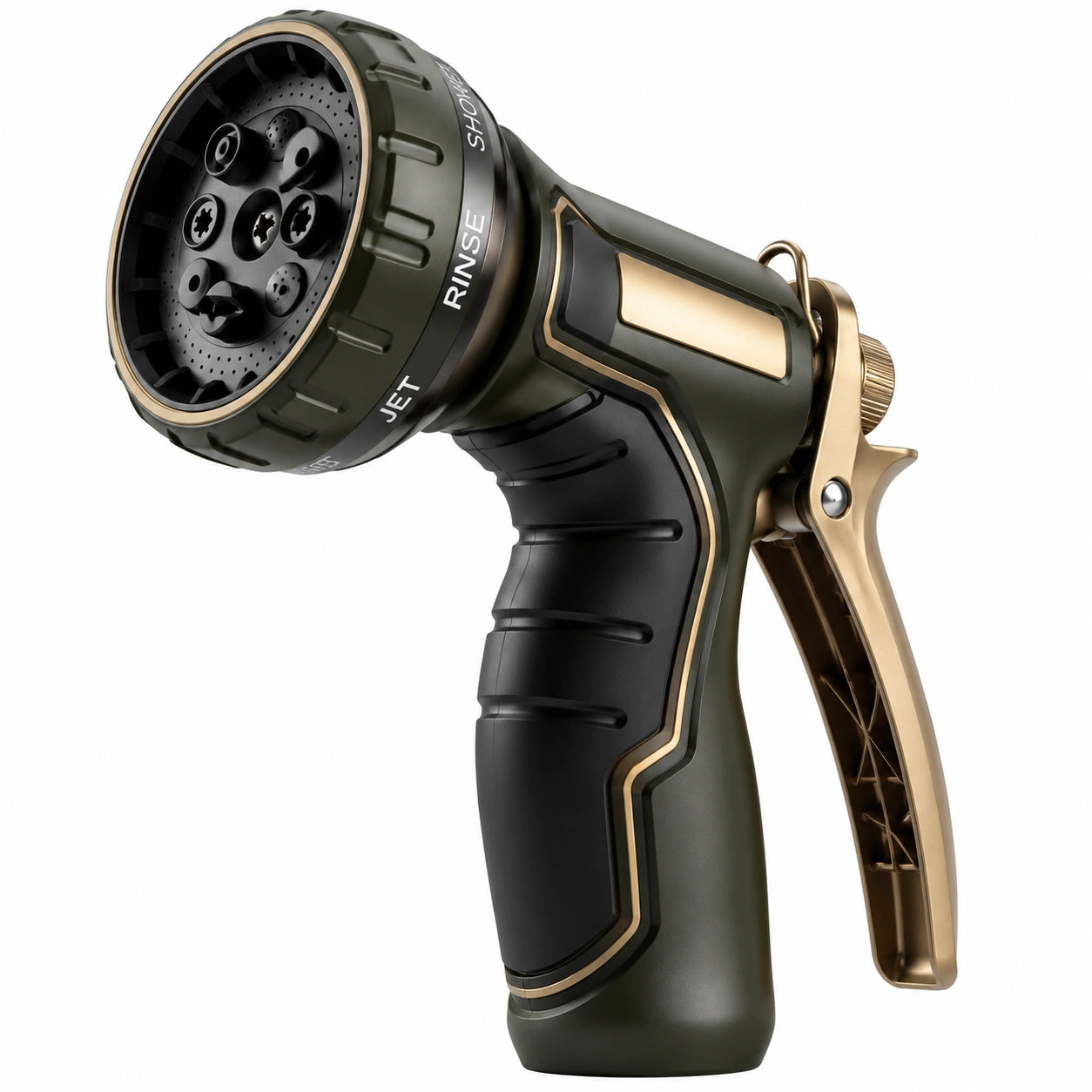 Pistolet d’arrosage 20 cm en plastique vert noir et doré à jets réglables pour jardin
